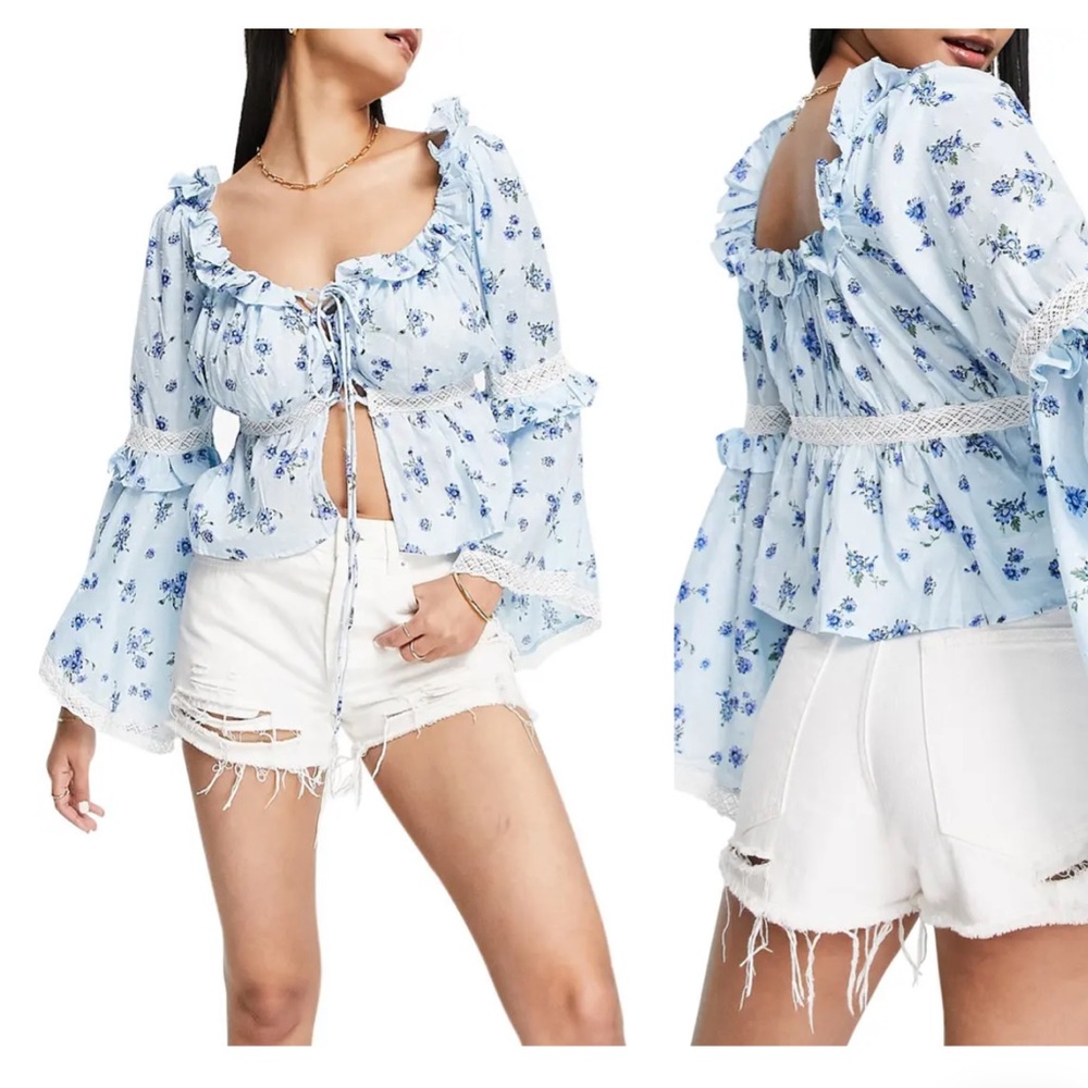 ASOS Floral Bell Sleeve Cotton Crop Blouse size 14 same as XL